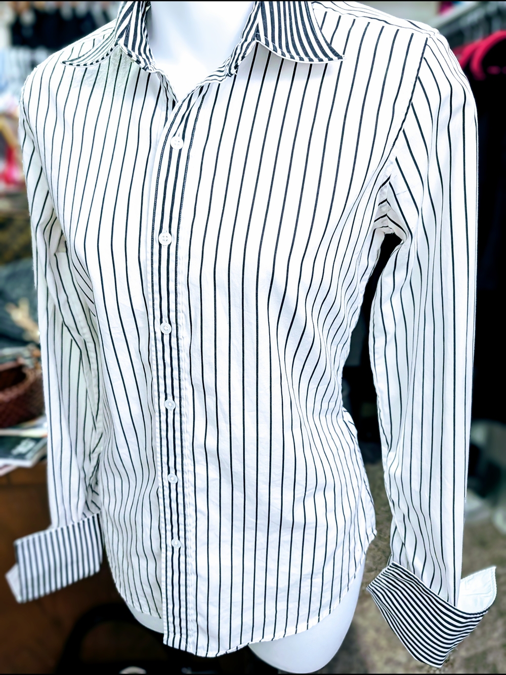 Ralph Lauren White Button-Down Shirt with Black Vertical Stripes
